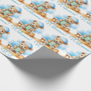 Blue Baby Welcome Teddy Bear Gift Wrapping Paper