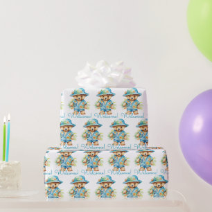 Blue Baby Welcome Teddy Bear Gift Wrapping Paper