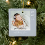 Blue Baby's First Christmas Photo Ceramic Ornament<br><div class="desc">A modern photo keepsake</div>