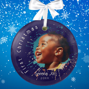 Blue Baby's First Christmas Splatter Pattern Glass Ornament