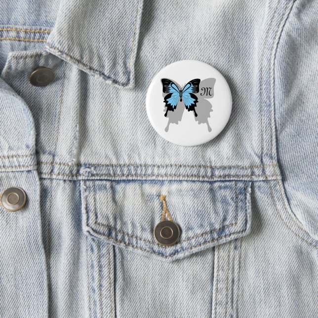 Blue Backed Butterfly Shadow Monogram 2 Inch Round Button (In Situ)