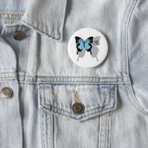 Blue Backed Butterfly Shadow Monogram 2 Inch Round Button