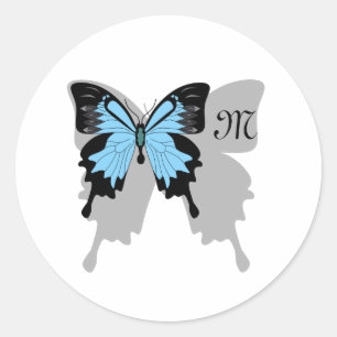 Blue Backed Butterfly Shadow Monogram Classic Round Sticker