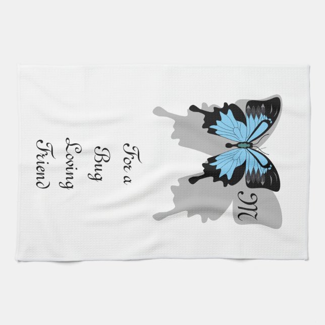 Blue Backed Butterfly Shadow Monogram Kitchen Towel (Horizontal)