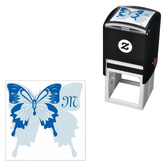 Blue Backed Butterfly Shadow Monogram Rubber Stamp (In Situ)