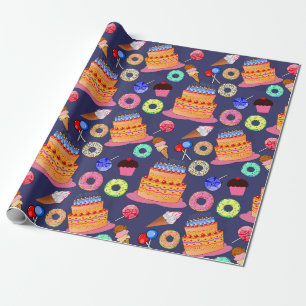 Blue Background Cake Lollipop Ice-cream Cupcakes Wrapping Paper