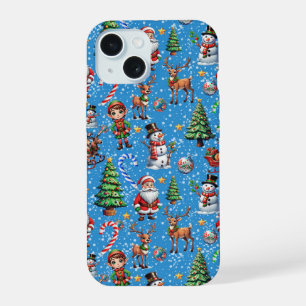 Blue Background Christmas Decorative Pattern iPhone 15 Case