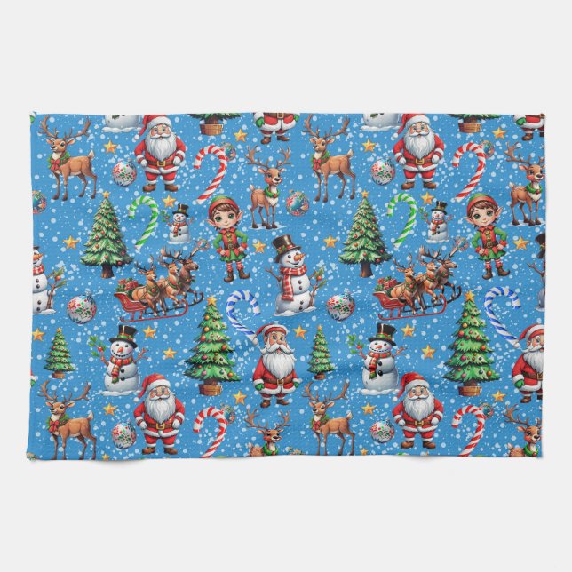 Blue Background Christmas Decorative Pattern Kitchen Towel (Horizontal)