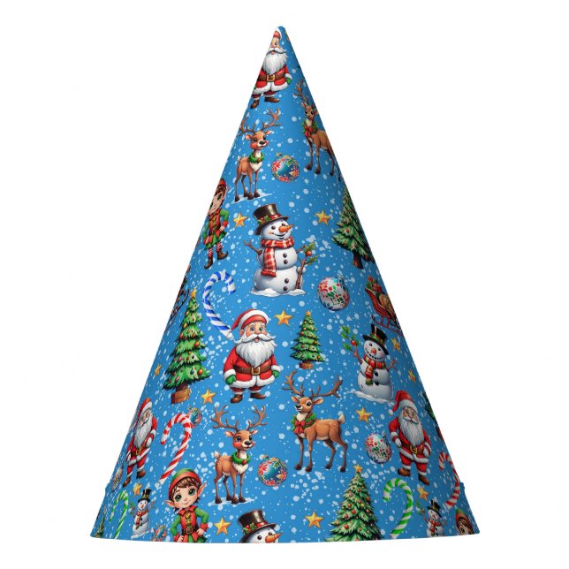 Blue Background Christmas Decorative Pattern Party Hat (Front)