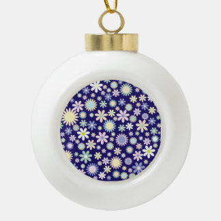 Blue Background Floral Pattern Ceramic Ball Christmas Ornament