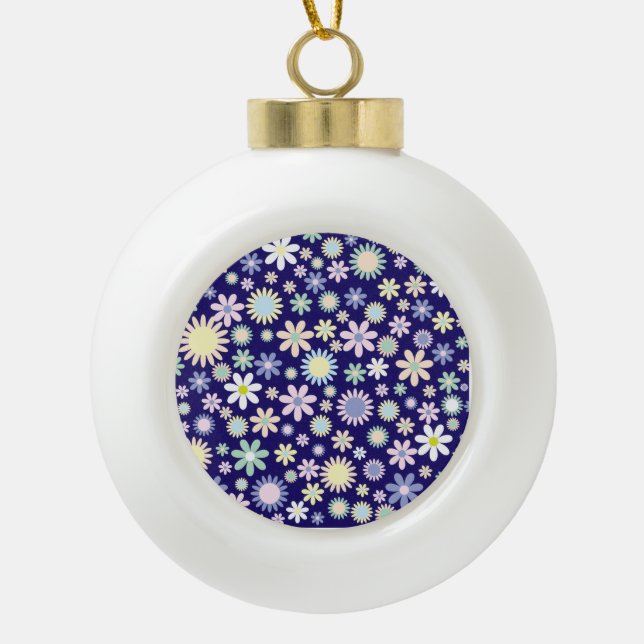 Blue Background Floral Pattern Ceramic Ball Christmas Ornament (Front)