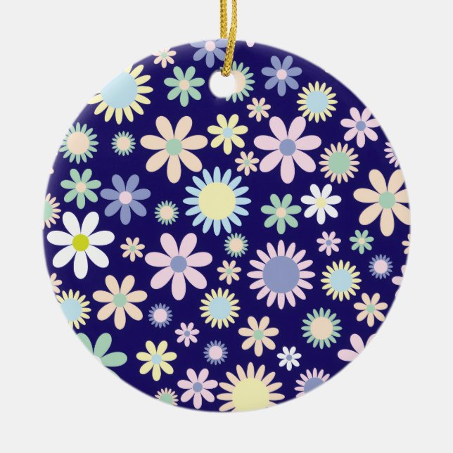 Blue Background Floral Pattern Ceramic Ornament (Front)