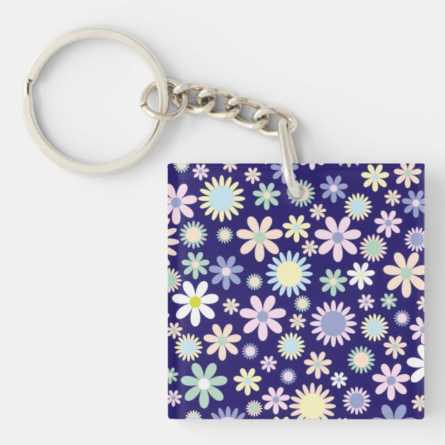 Blue Background Floral Pattern Keychain (Front)