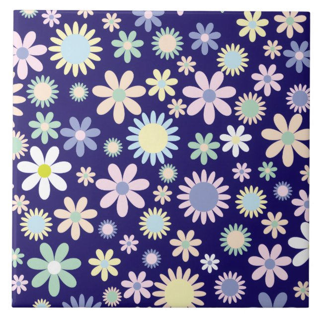 Blue Background Floral Pattern Tile (Front)