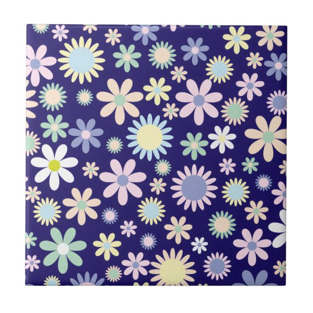 Blue Background Floral Pattern Tile (Front)
