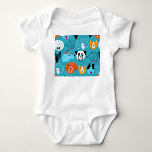 Blue Background, Playful Dog Pattern. Baby Bodysuit