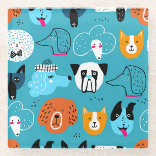 Blue Background, Playful Dog Pattern. Glass Coaster