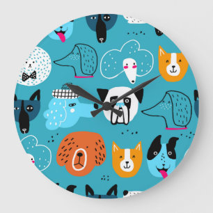 Blue Background, Playful Dog Pattern. Large Clock