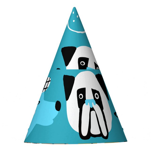 Blue Background, Playful Dog Pattern. Party Hat (Front)
