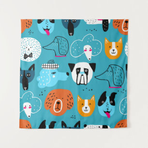 Blue Background, Playful Dog Pattern. Tapestry