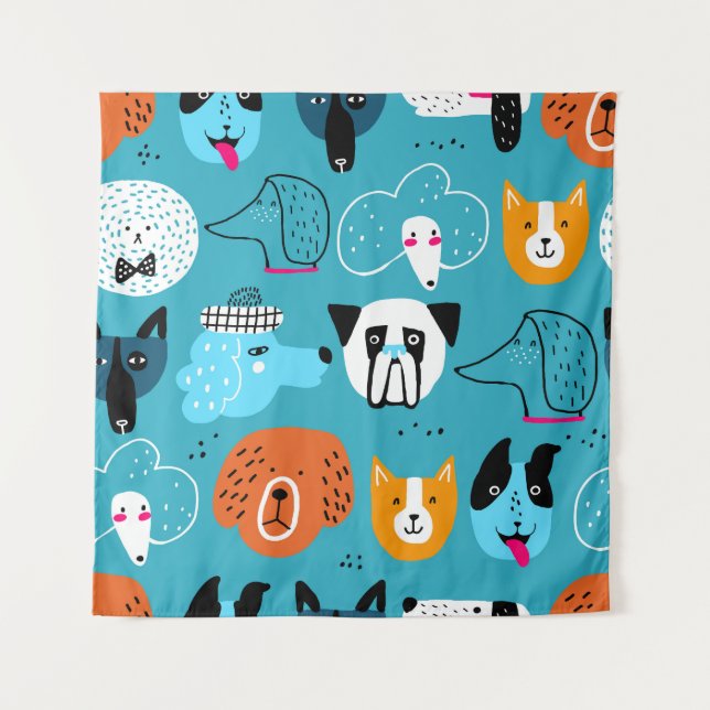 Blue Background, Playful Dog Pattern. Tapestry (Front)