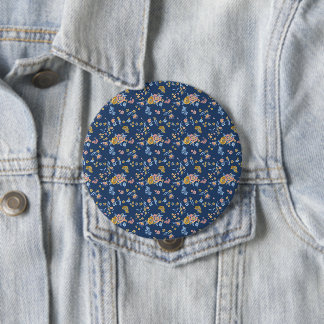 Blue Background Thread Effect Floral Pattern 4 Inch Round Button