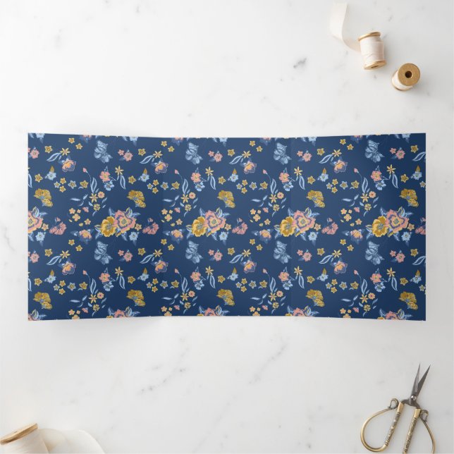 Blue Background Thread Effect Floral Pattern Tri-Fold Card (Inside)