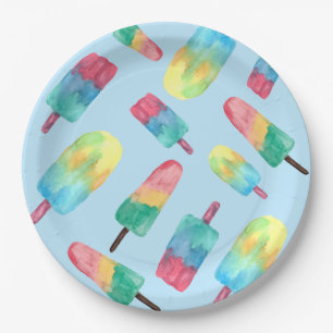 Blue background Watercolor Colourful Popsicles Paper Plate