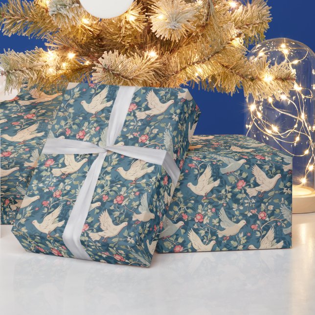 Blue Background With A Flock Of Doves And Flowers Wrapping Paper (Holidays)