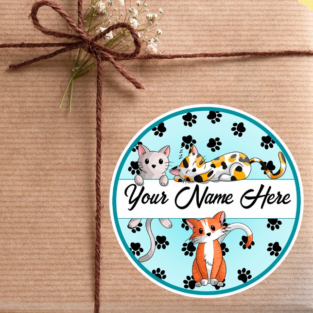 Blue background with Cute kittens Classic Round Sticker (Creator Uploaded)