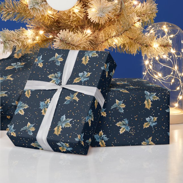 Blue Background With Gold & Blue Holly Leaves Wrapping Paper (Holidays)