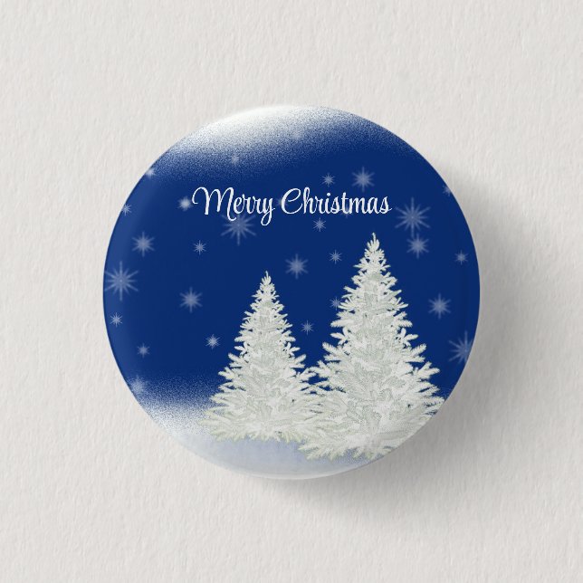 Blue Background With Withe Christmas Tree 1 Inch Round Button (Front)