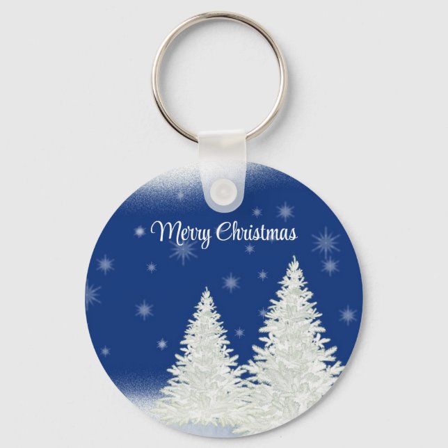Blue Background With Withe Christmas Tree  Keychain (Front)