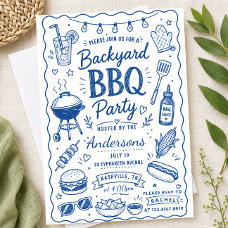 Blue Backyard BBQ Party Summer Hand Drawn Doodle Invitation