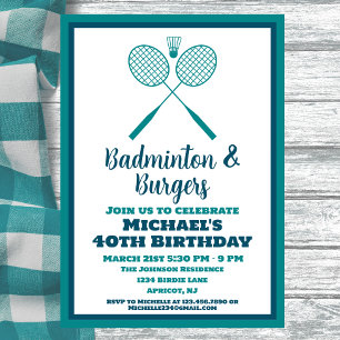 Blue Badminton Party Sports BBQ Birthday Invitation