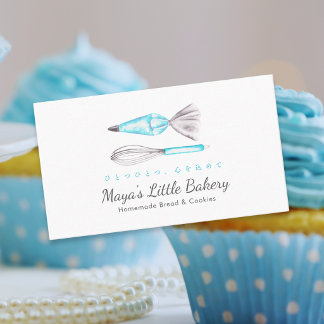 Blue Baking Utensils Watercolor Bakery Business Card