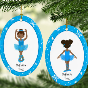 Blue Ballerina Snowflakes Personalized Christmas Ceramic Ornament