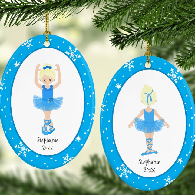 Blue Ballerina Snowflakes Personalized Christmas Ceramic Ornament (Personalized Blue Ballerina Snowflakes Christmas Ceramic Ornament)