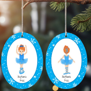 Blue Ballerina Snowflakes Personalized Christmas Ceramic Ornament