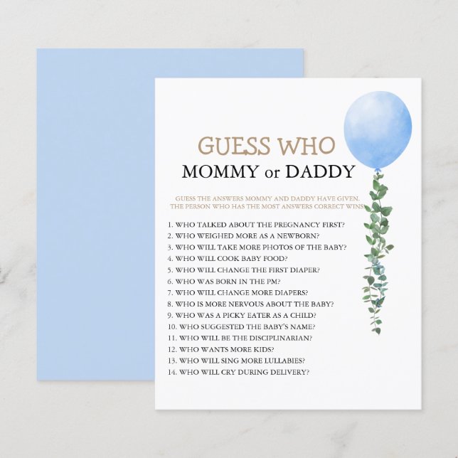 Blue Balloon Baby Shower Game (Front/Back)