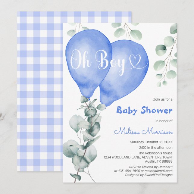 Blue Balloon Baby Shower Invitation (Front/Back)