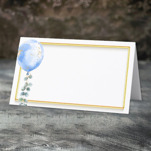 Blue Balloon Baby Shower Place Card | Gold Frame (Gold frame balloon place card)