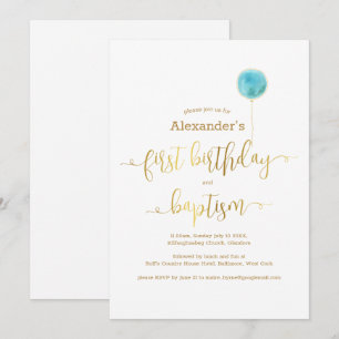 Blue Balloon Baptism & 1st Birthday Gold Script Invitation