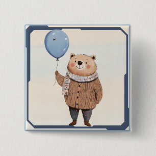 Blue Balloon Bear in Brown Sweater Plaid Scarf 2 Inch Square Button
