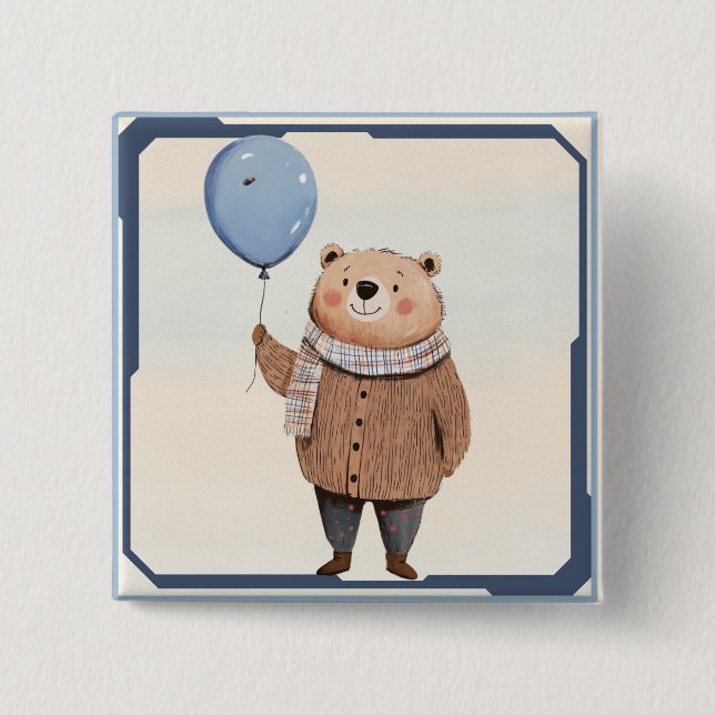 Blue Balloon Bear in Brown Sweater Plaid Scarf 2 Inch Square Button (Front)