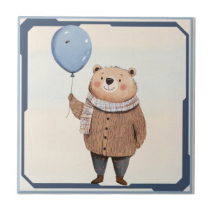 Blue Balloon Bear in Brown Sweater Plaid Scarf Tile