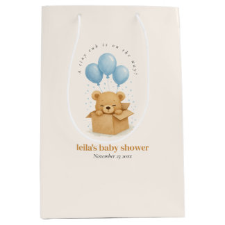 Blue Balloon Bear Watercolor Baby Shower Medium Gift Bag