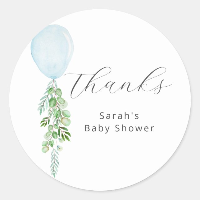 Blue Balloon Boy Baby Shower Thank You Classic Round Sticker (Front)