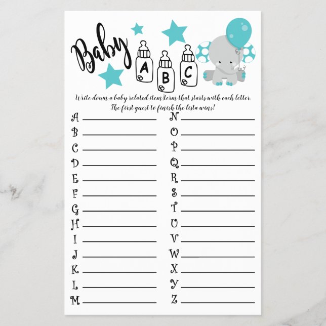 BLUE BALLOON ELEPHANT ABC BABY SHOWER GAME CARD (Front)