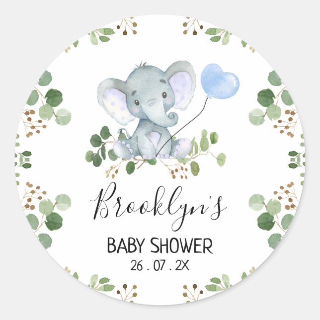 Blue Balloon Elephant Baby Shower Sticker (Front)